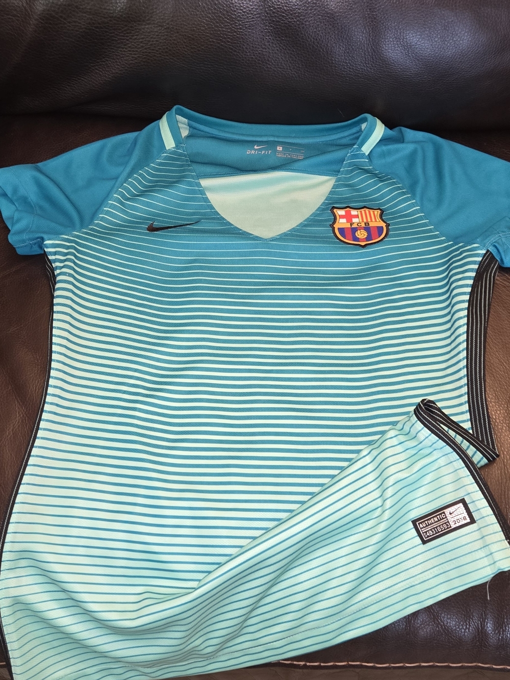 Nike FC Barcelona Teal Stripe Soccer Jersey Messi